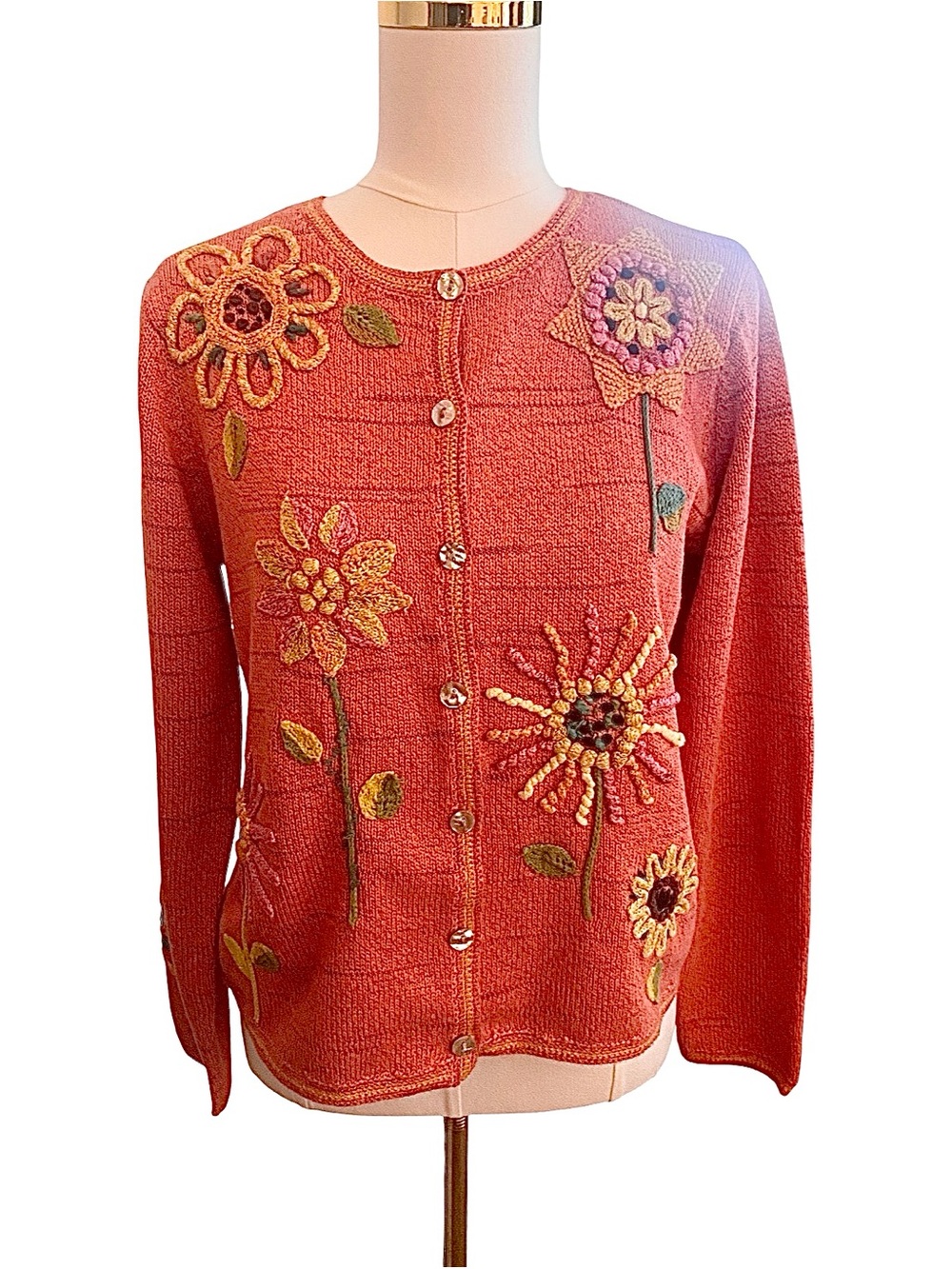 Susan Bristol Vintage Embroidered Sweater Large Orange Floral Cotton Cotton